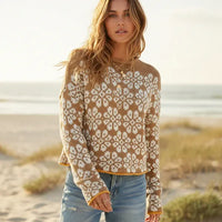 Woman wearing camel brown floral boho knit pullover sweater with long sleeves