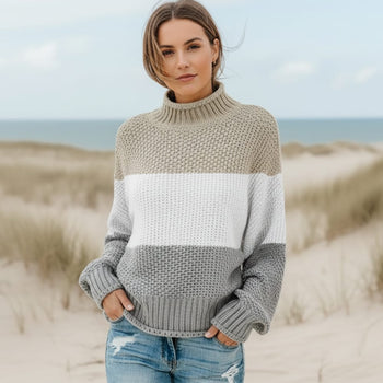Boho Beach Hut Sweaters, Pullovers, Knit Sweaters Boho Striped Knit Sweater Khaki / S