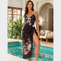 Boho Beach Hut Swimwear, One Piece Swimsuit Boho Floral One Piece Swimsuit & Cover-Up Skirt Black Skirt & Swimsuit Set / S