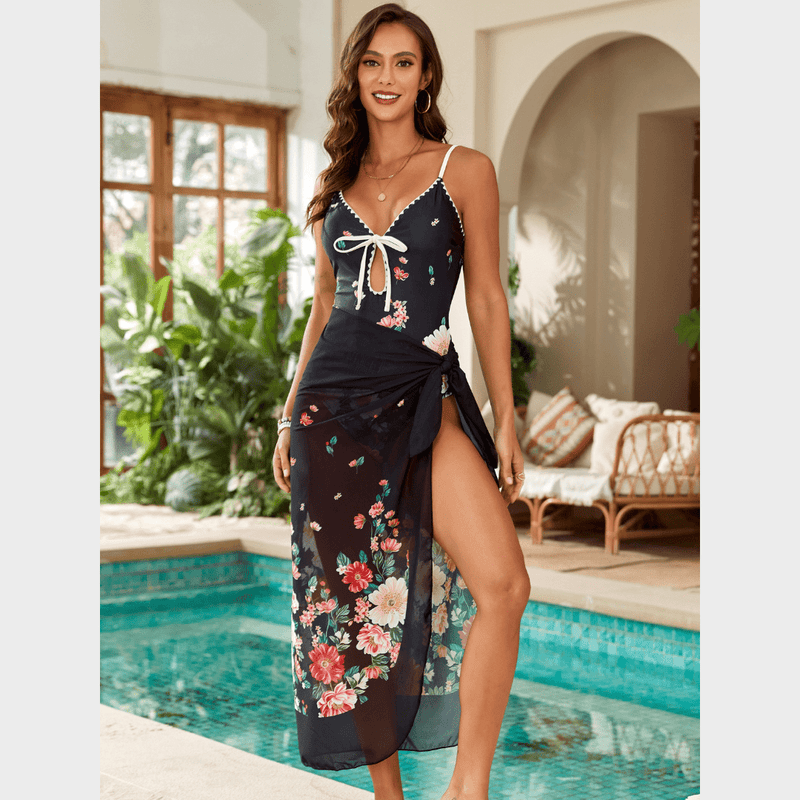 Boho Beach Hut Swimwear, One Piece Swimsuit Boho Floral One Piece Swimsuit & Cover-Up Skirt Black Skirt & Swimsuit Set / S