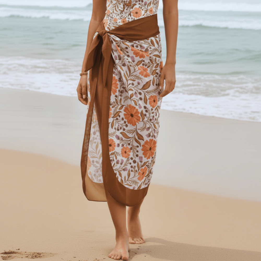 Boho Beach Hut Swimwear, One Piece Swimsuit Boho Floral One Piece Swimsuit & Cover-Up Skirt Orange Skirt & Swimsuit Set / S