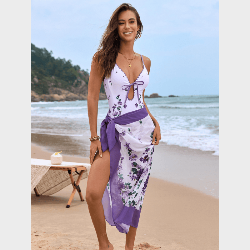 Boho Beach Hut Swimwear, One Piece Swimsuit Boho Floral One Piece Swimsuit & Cover-Up Skirt Purple Skirt & Swimsuit Set / S