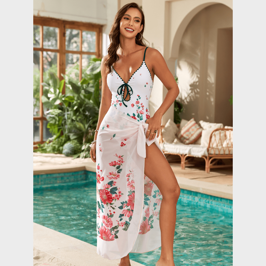Boho Beach Hut Swimwear, One Piece Swimsuit Boho Floral One Piece Swimsuit & Cover-Up Skirt White Skirt & Swimsuit Set / S