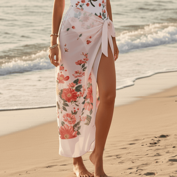Boho Beach Hut Swimwear, One Piece Swimsuit Boho Floral One Piece Swimsuit & Cover-Up Skirt White Skirt & Swimsuit Set / S