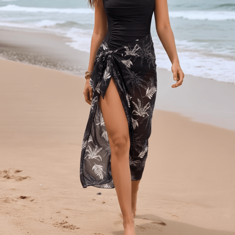Boho Beach Hut Swimwear, One Piece Swimsuit Floral One Piece Swimsuit with Ruched Sides Black Skirt & Swimsuit Set / S