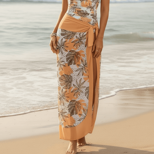 Boho Beach Hut Swimwear, One Piece Swimsuit Floral One Piece Swimsuit with Ruched Sides Orange Skirt & Swimsuit Set / S