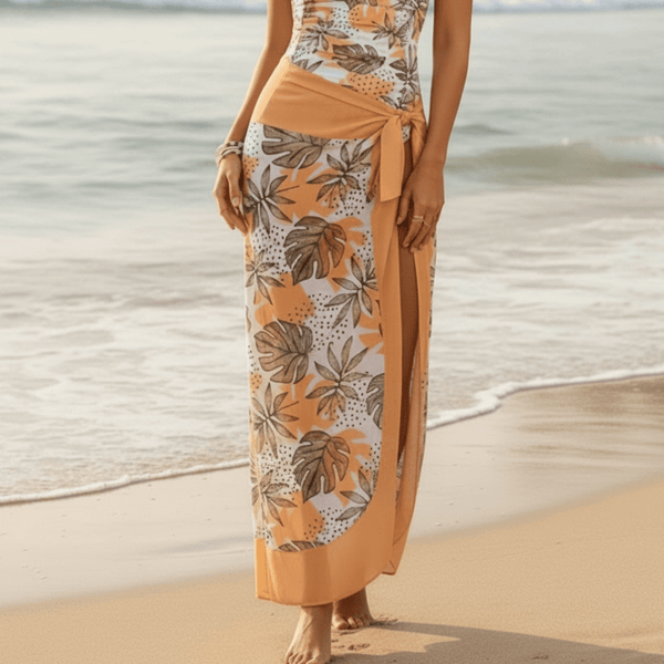 Boho Beach Hut Swimwear, One Piece Swimsuit Floral One Piece Swimsuit with Ruched Sides Orange Skirt & Swimsuit Set / S