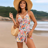 Boho Beach Hut Swimwear, One Piece Swimsuit, Monokini Swimsuit Floral Print V-Neck One Piece Monokini Swimsuit Orange / S