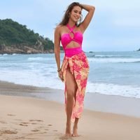 Boho Beach Hut Swimwear, One Piece Swimsuit, Monokini Swimsuit Hollow Out One Piece Monokini Swimsuit & Skirt Set Bright Pink Skirt & Swimsuit Set / S