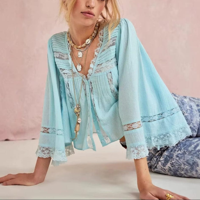 Boho Beach Hut T-Shirts, Long Sleeve Shirt, Crop Top Boho Lace Button Down Blouse Light Blue / S