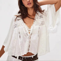 Boho Beach Hut T-Shirts, Long Sleeve Shirt, Crop Top Boho Lace Button Down Blouse White / S