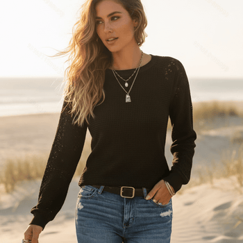 Boho Beach Hut T-Shirts, Long Sleeve Shirt, Lace Top Boho Lace Sleeve Long Tee Black / S