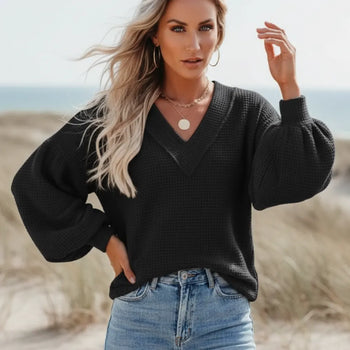 Boho Beach Hut T-Shirts, Long Sleeve Shirt, Lantern Sleeve Top Boho Lantern Sleeve Knit Top Black / S
