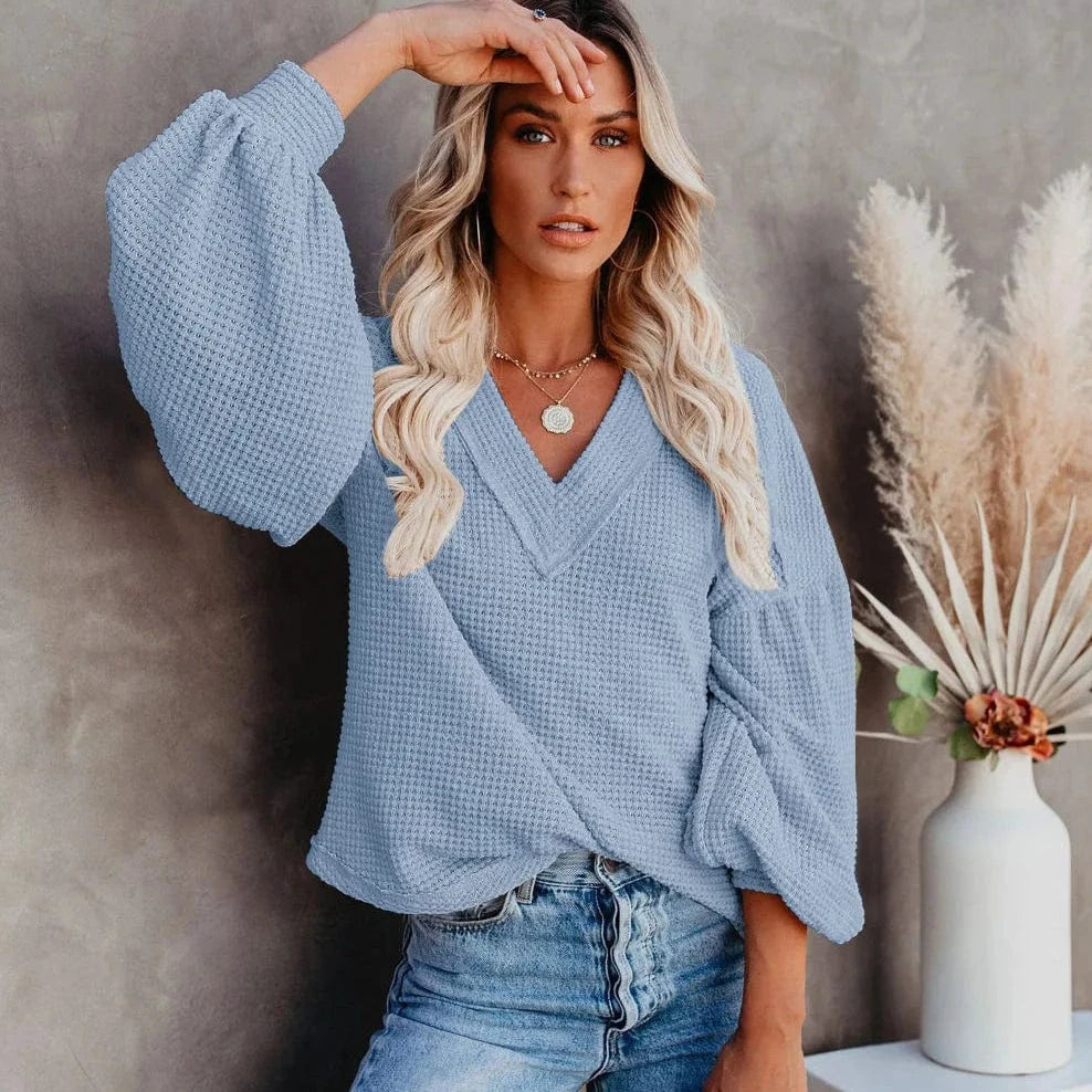 Boho Beach Hut T-Shirts, Long Sleeve Shirt, Lantern Sleeve Top Boho Lantern Sleeve Knit Top Light Blue / S