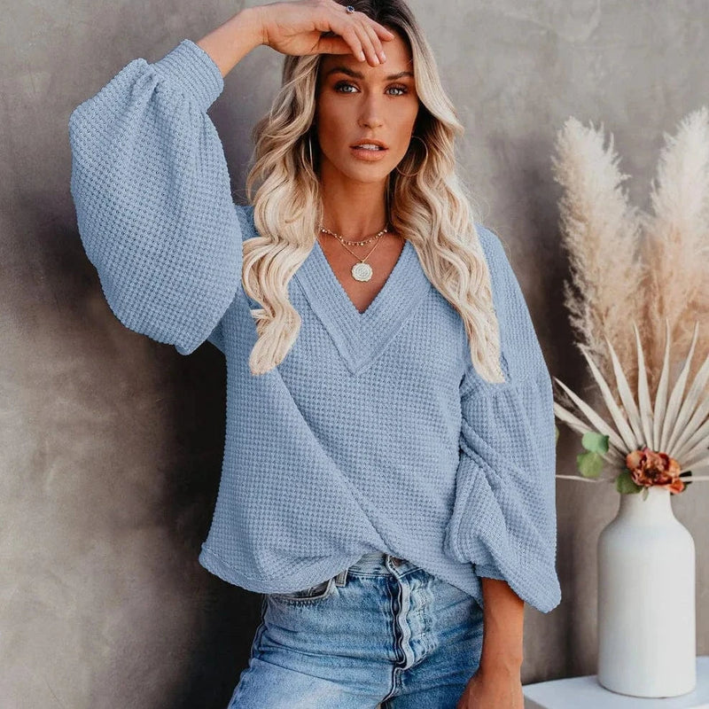 Boho Beach Hut T-Shirts, Long Sleeve Shirt, Lantern Sleeve Top Boho Lantern Sleeve Knit Top Light Blue / S