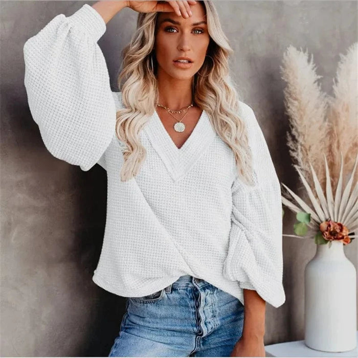Boho Beach Hut T-Shirts, Long Sleeve Shirt, Lantern Sleeve Top Boho Lantern Sleeve Knit Top White / S