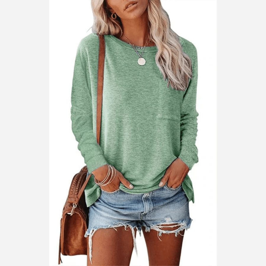 Boho Beach Hut T-Shirts, Long Sleeve Shirt, Plus size long sleeve Casual Long Sleeve Shirt with Pocket Light Green / XXL