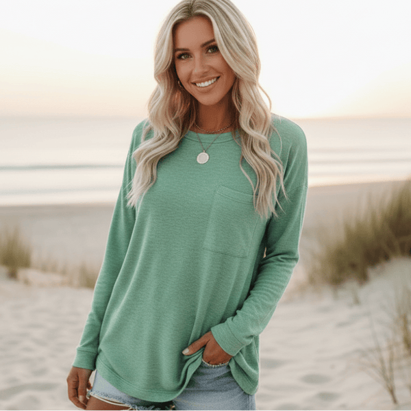 Boho Beach Hut T-Shirts, Long Sleeve Shirt, Plus size long sleeve Casual Long Sleeve Shirt with Pocket Light Green / XXL