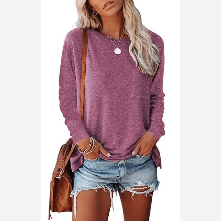 Boho Beach Hut T-Shirts, Long Sleeve Shirt, Plus size long sleeve Casual Long Sleeve Shirt with Pocket Magenta / S