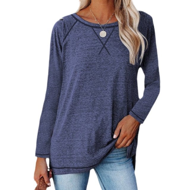 Boho Beach Hut T-Shirts, Long Sleeve Shirt Solid Color Casual Long Sleeve Shirt Dark Blue / S