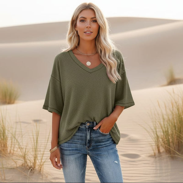 Boho Beach Hut T-Shirts, Short Sleeve Shirt Over-Sized Casual V-Neck Shirt Army Green / S
