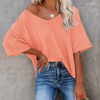 Boho Beach Hut T-Shirts, Short Sleeve Shirt Over-Sized Casual V-Neck Shirt Coral / S