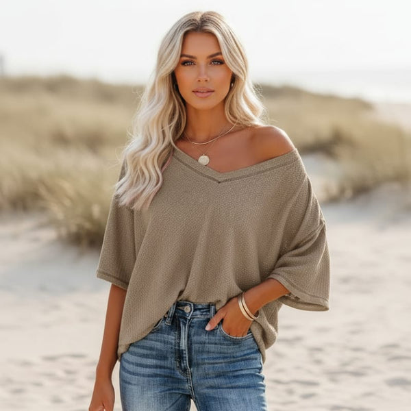 Boho Beach Hut T-Shirts, Short Sleeve Shirt Over-Sized Casual V-Neck Shirt Khaki / S