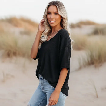 Boho Beach Hut T-Shirts, Short Sleeve Shirt Oversized Casual V-Neck Shirt Black / S