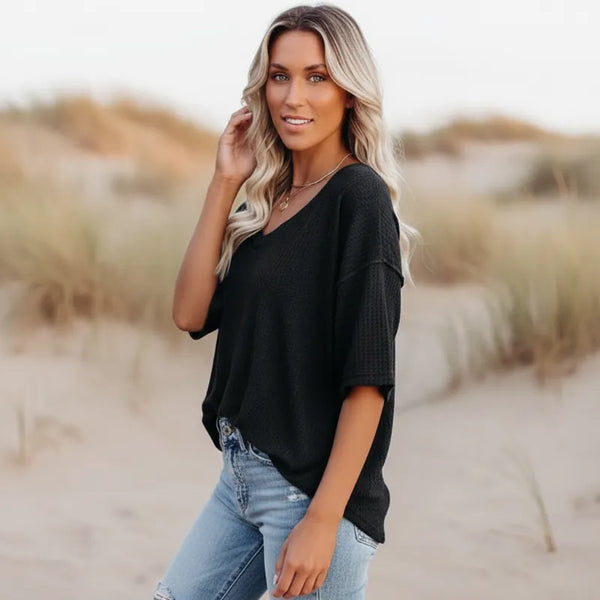 Boho Beach Hut T-Shirts, Short Sleeve Shirt Oversized Casual V-Neck Shirt Black / S