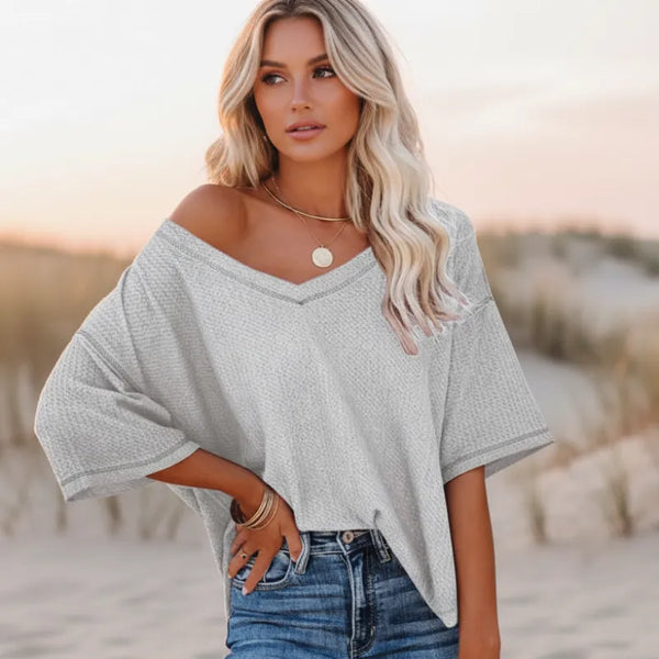 Boho Beach Hut T-Shirts, Short Sleeve Shirt Oversized Casual V-Neck Shirt Gray / S