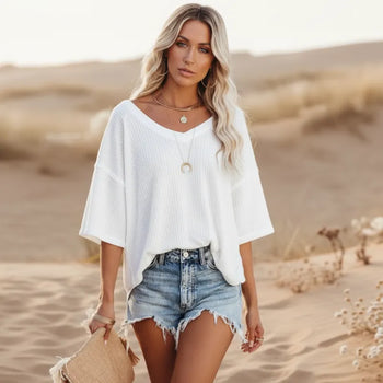 Boho Beach Hut T-Shirts, Short Sleeve Shirt Oversized Casual V-Neck Shirt White / S