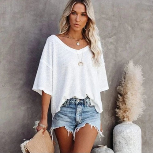 Boho Beach Hut T-Shirts, Short Sleeve Shirt Oversized Casual V-Neck Shirt White / S