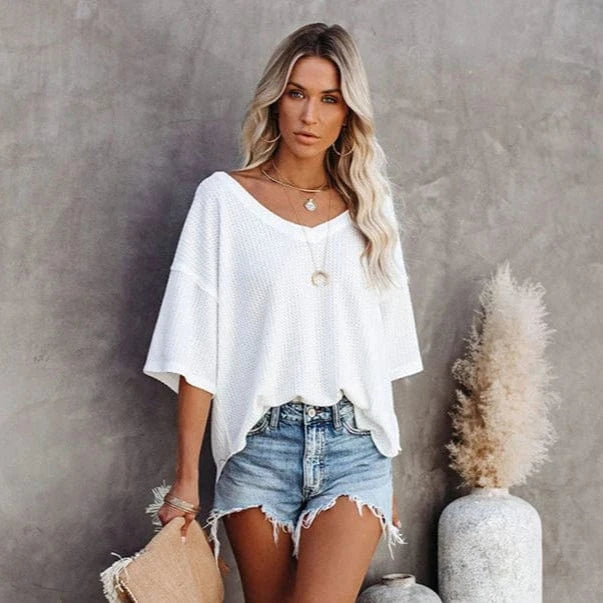 Boho Beach Hut T-Shirts, Short Sleeve Shirt Oversized Casual V-Neck Shirt White / S