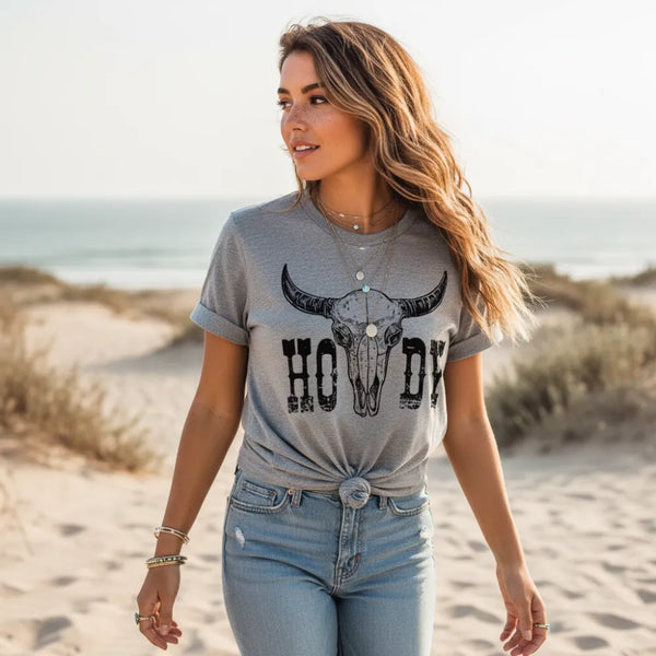Boho Beach Hut T-Shirts, Short Sleeve Shirt, Printed Top Boho Western Cowgirl Shirt Light Gray / S