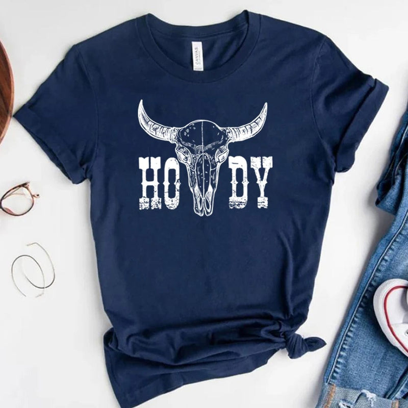 Boho Beach Hut T-Shirts, Short Sleeve Shirt, Printed Top Boho Western Cowgirl Shirt Navy Blue / S