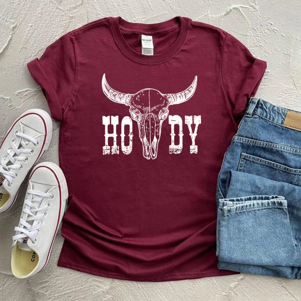 Boho Beach Hut T-Shirts, Short Sleeve Shirt, Printed Top Boho Western Cowgirl Shirt Wine Red / S