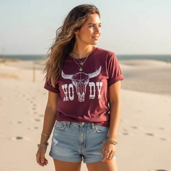 Boho Beach Hut T-Shirts, Short Sleeve Shirt, Printed Top Boho Western Cowgirl Shirt Wine Red / S