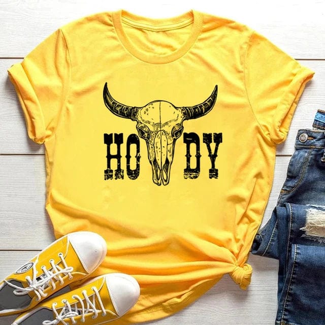 Boho Beach Hut T-Shirts, Short Sleeve Shirt, Printed Top Boho Western Cowgirl Shirt Yellow / S