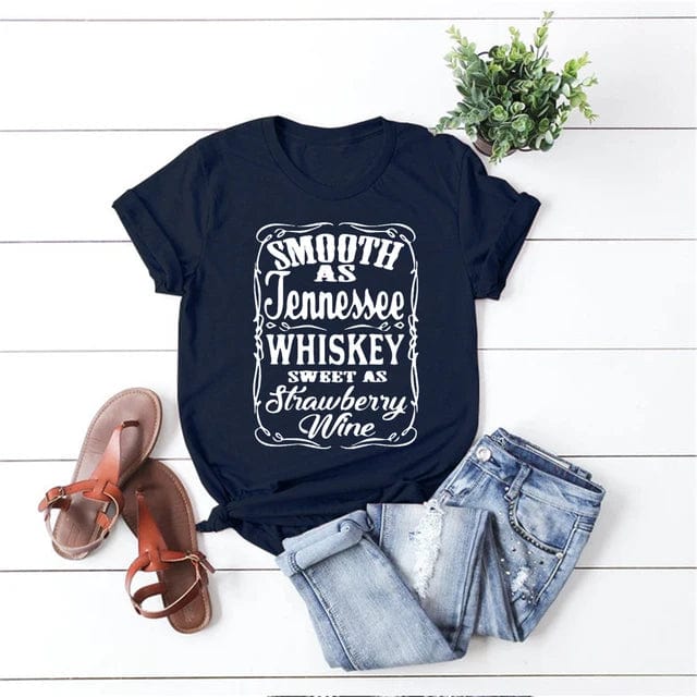 Boho Beach Hut T-Shirts, Short Sleeve Shirt, Printed Top Tennessee Whiskey Graphic T-Shirt Navy Blue / S