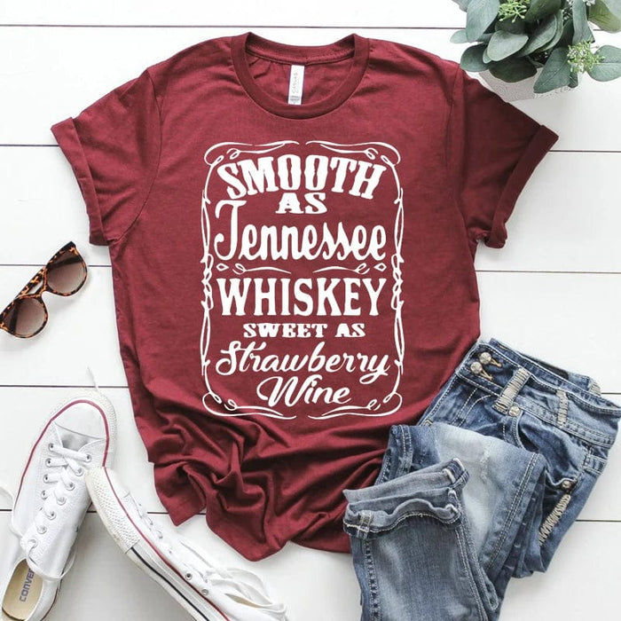 Boho Beach Hut T-Shirts, Short Sleeve Shirt, Printed Top Tennessee Whiskey Graphic T-Shirt Wine Red / S