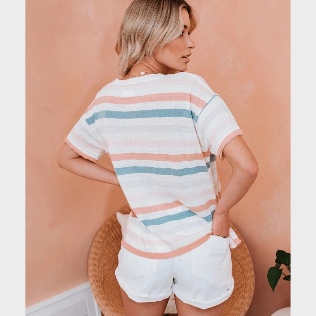 Boho Beach Hut T-Shirts, Tops, Short Sleeve Shirt Boho Striped Casual Tee