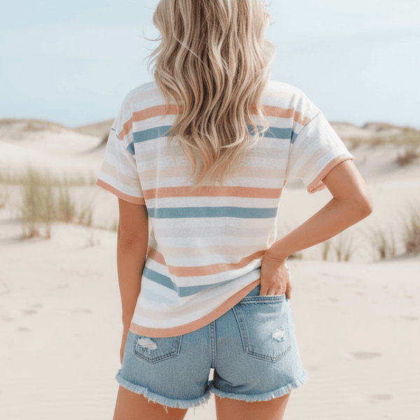 Boho Beach Hut T-Shirts, Tops, Short Sleeve Shirt Boho Striped Casual Tee