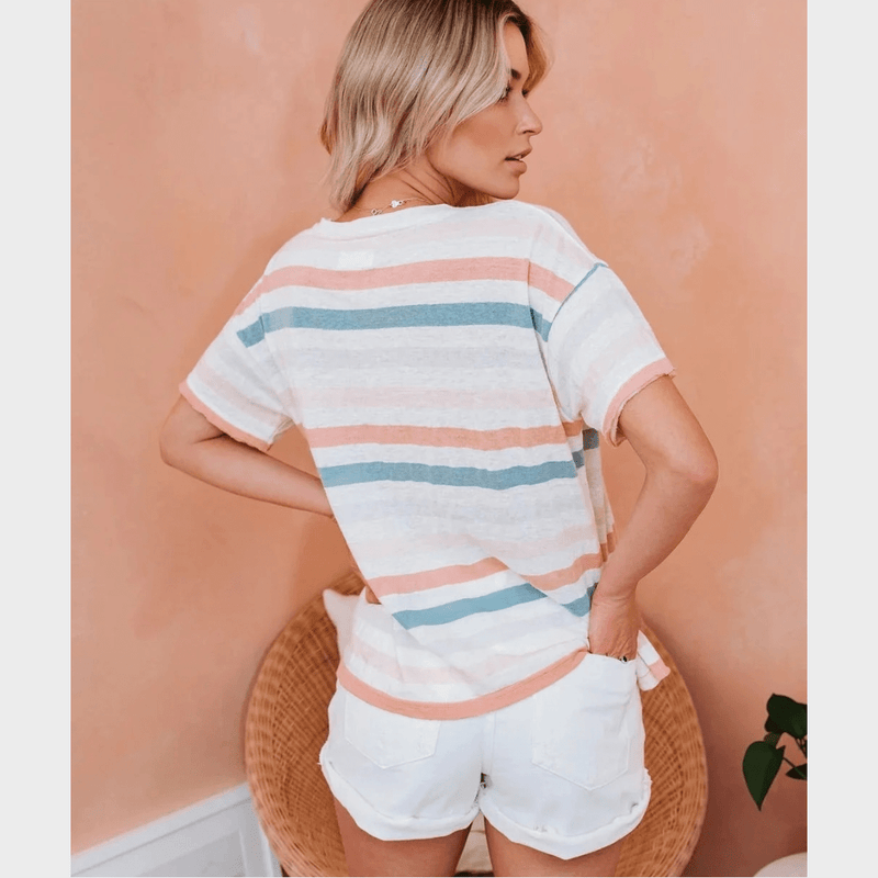 Boho Beach Hut T-Shirts, Tops, Short Sleeve Shirt Boho Striped Casual Tee
