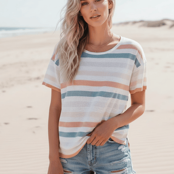Boho Beach Hut T-Shirts, Tops, Short Sleeve Shirt Boho Striped Casual Tee