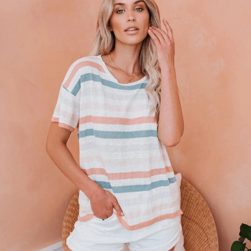 Boho Beach Hut T-Shirts, Tops, Short Sleeve Shirt Boho Striped Casual Tee
