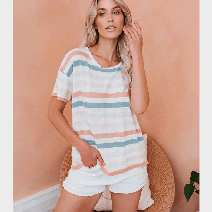 Boho Beach Hut T-Shirts, Tops, Short Sleeve Shirt Boho Striped Casual Tee