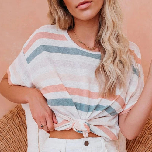 Boho Beach Hut T-Shirts, Tops, Short Sleeve Shirt Boho Striped Casual Tee White Stripes / S