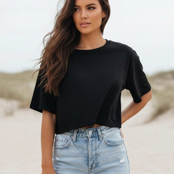 Boho Beach Hut T-Shirts, Tops, Short Sleeve Shirt, Crop Top Boho Solid Color Crop T-Shirt Black / S