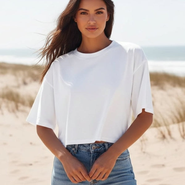 Boho Beach Hut T-Shirts, Tops, Short Sleeve Shirt, Crop Top Boho Solid Color Crop T-Shirt White / S