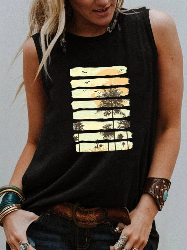 Boho Beach Hut Tank Top Black / S Palm Tree Sunset Vintage Tank